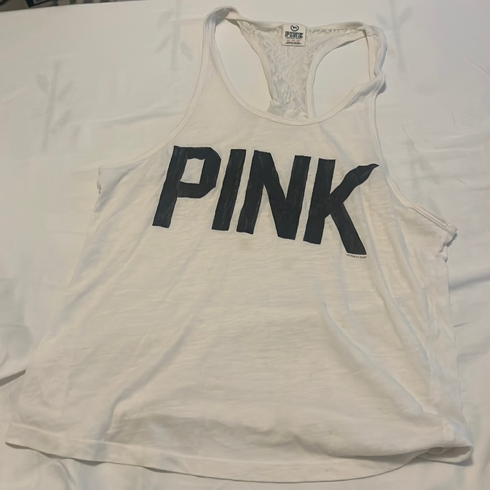 VICTORIAS SECRET PINK WHITE GRAPHIC RACERBACK LACE TANK TOP SIZE XS